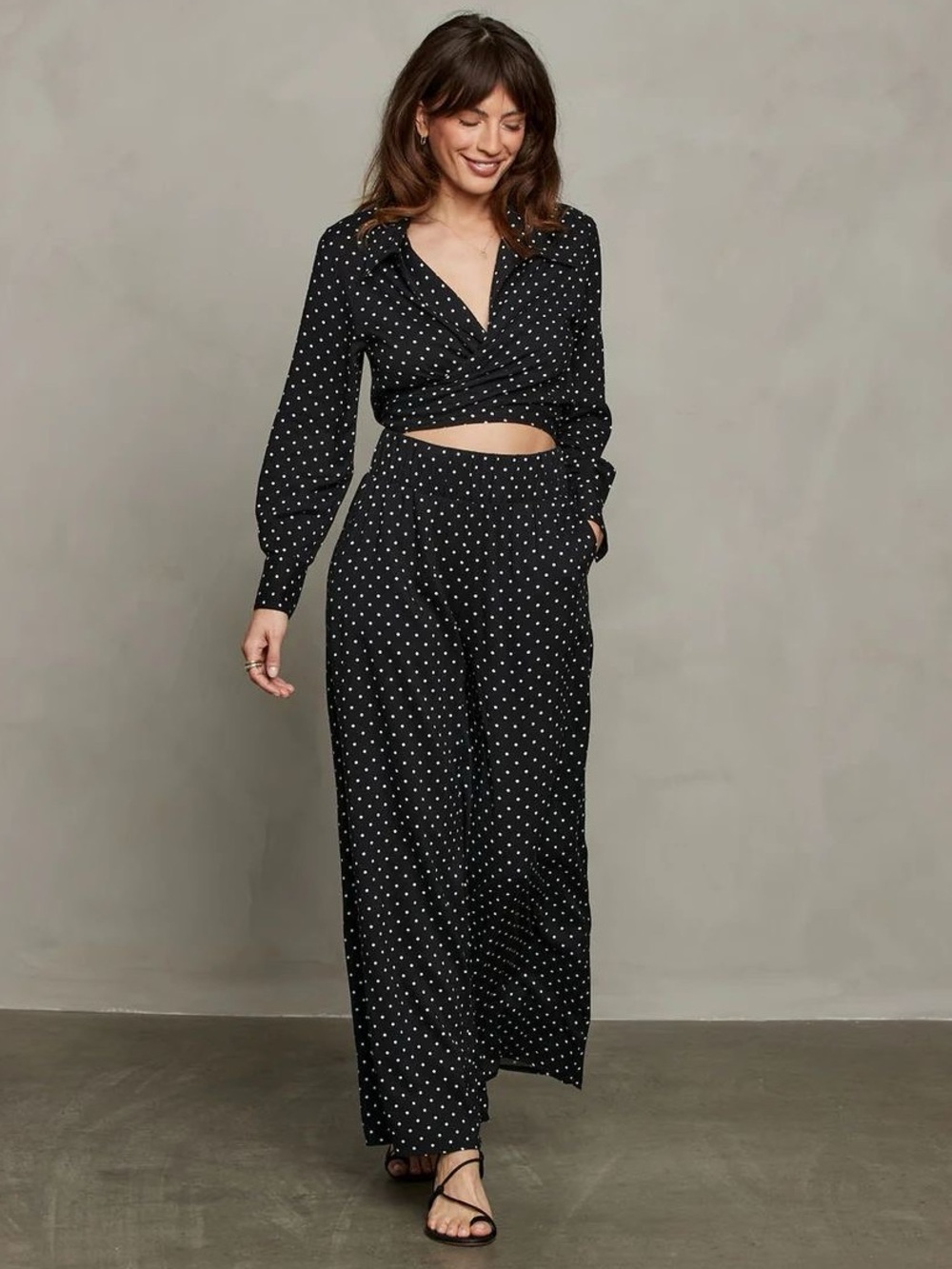 Sunday Riley Black Polka Dot Wide-Leg Pant & Wrap Top Set